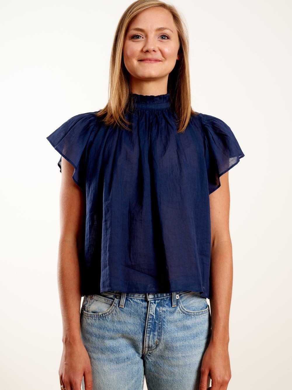Trovata Birds Of Paradise Carla High Neck Blouse Navy Ramie Cotton Ruffle Boho S